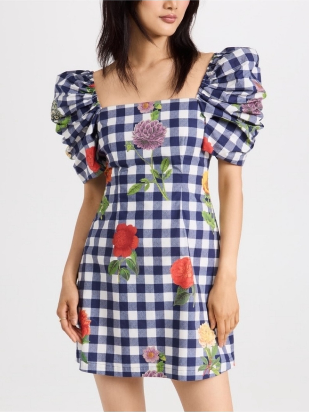 Cara Cara Kelly Gingham Floral Puff-Sleeve Mini Dress Sz S Cottagecore - Picture 2 of 16
